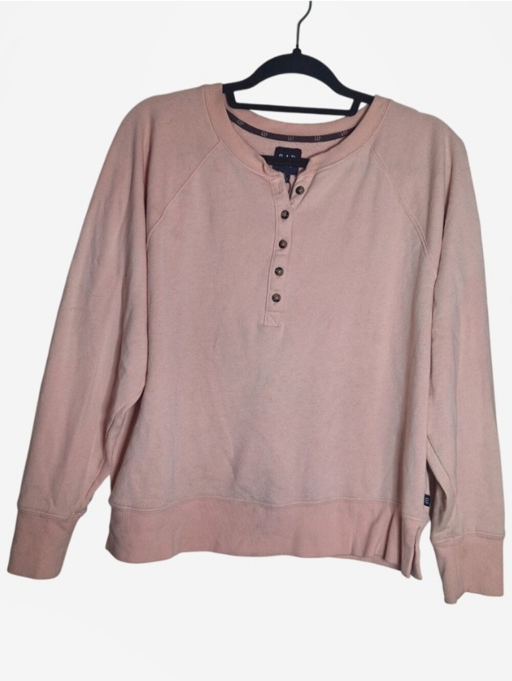 GAP Womens Long Sleeve Henley French Terry Sweatshirt Pink Peach Size XL Button